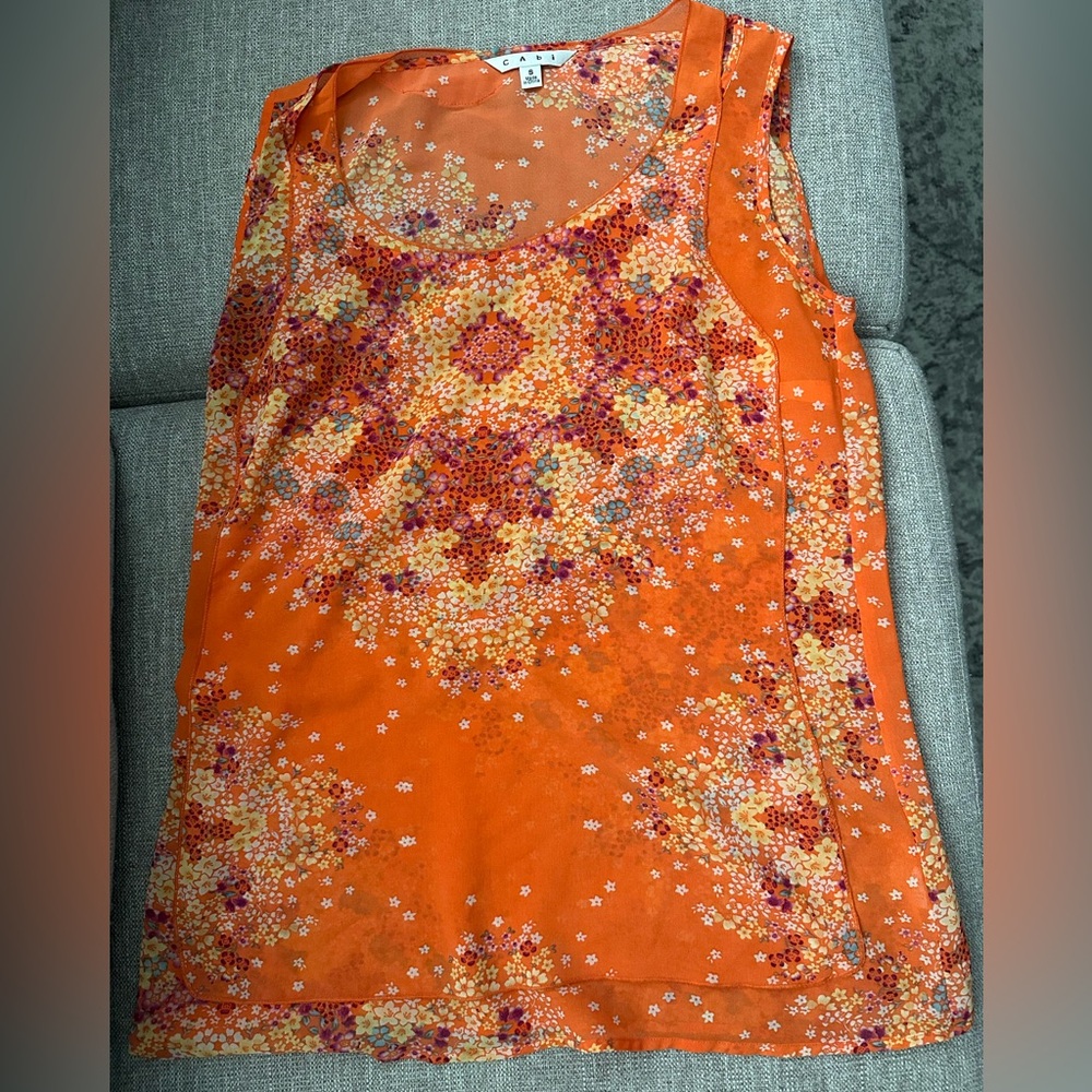 CAbi Orange Floral Sleeveless Blouse Size S